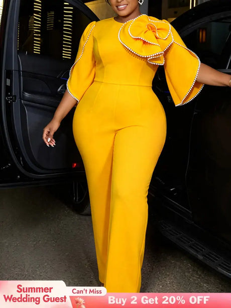AOMEIDRESS Jumpsuit Short Sleeves 3D Flower High Waist Wide Leg Pants - Yellow / L