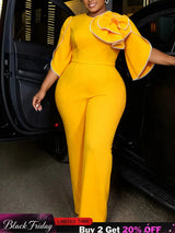 AOMEIDRESS Jumpsuit Short Sleeves 3D Flower High Waist Wide Leg Pants - Yellow / L