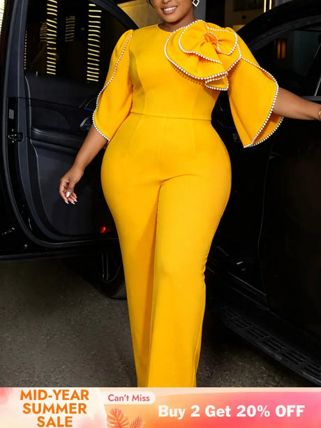 AOMEIDRESS Jumpsuit Short Sleeves 3D Flower High Waist Wide Leg Pants - Yellow / L
