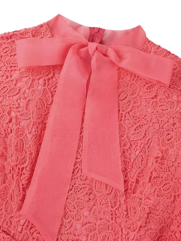AOMEIDRESS Lace A Line Dress Bow Neck Short Sleeve Criss Cross Waist