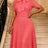 AOMEIDRESS Lace A Line Dress Bow Neck Short Sleeve Criss Cross Waist - WatermelonRed / S
