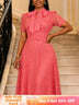AOMEIDRESS Lace A Line Dress Bow Neck Short Sleeve Criss Cross Waist - WatermelonRed / S