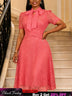 AOMEIDRESS Lace A Line Dress Bow Neck Short Sleeve Criss Cross Waist - WatermelonRed / S