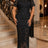 AOMEIDRESS Lace Bodycon Midi Dresses O Neck Short Sleeve Tassel Hem - Black / S