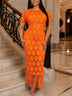 AOMEIDRESS Lace Bodycon Midi Dresses O Neck Short Sleeve Tassel Hem - Orange / S