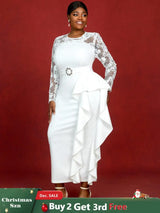 AOMEIDRESS Lace Dress Long Sleeve Beaded Bodycon Elegant White Bridal Shower Dresses White / S