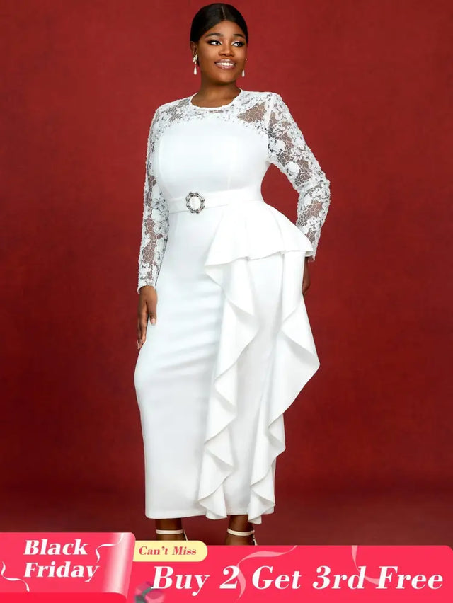 AOMEIDRESS Lace Dress Long Sleeve Beaded Bodycon Elegant White Bridal Shower Dresses White / S