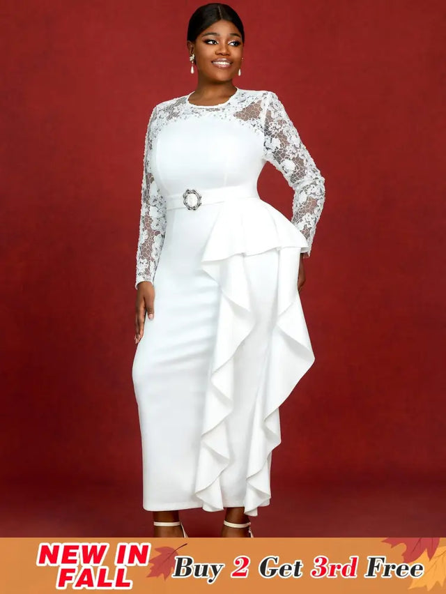 AOMEIDRESS Lace Dress Long Sleeve Beaded Bodycon Elegant White Bridal Shower Dresses White / S