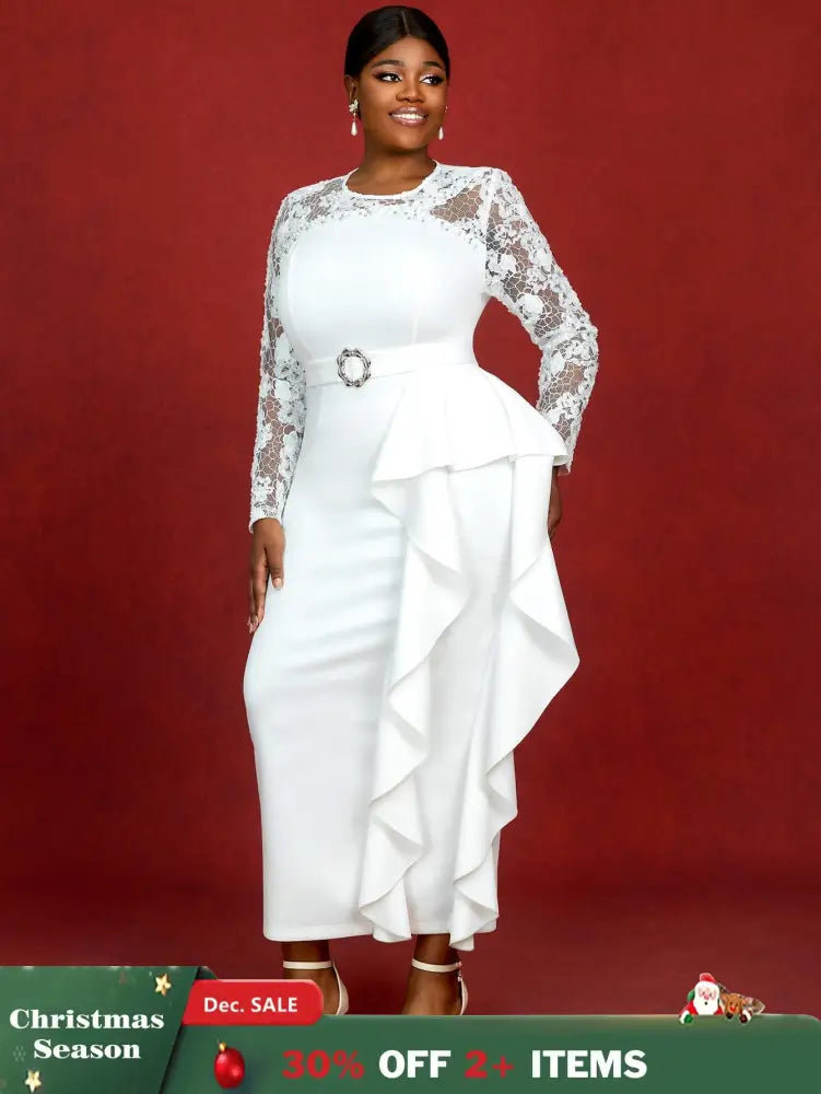 AOMEIDRESS Lace Dress Long Sleeve Beaded Bodycon Elegant White Bridal Shower Dresses White / S