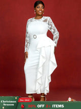 AOMEIDRESS Lace Dress Long Sleeve Beaded Bodycon Elegant White Bridal Shower Dresses White / S