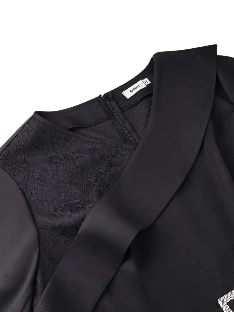 AOMEIDRESS Lace Dress Notched 3/4 Sleeve Rhinestone Waist Pleated