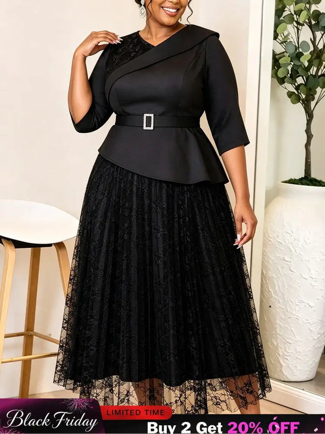 AOMEIDRESS Lace Dress Notched 3/4 Sleeve Rhinestone Waist Pleated