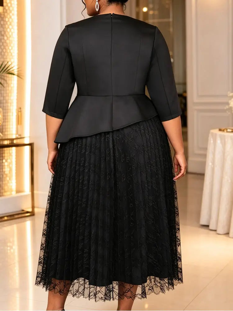 AOMEIDRESS Lace Dress Notched 3/4 Sleeve Rhinestone Waist Pleated
