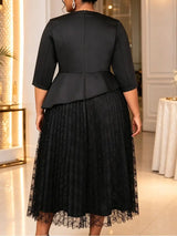 AOMEIDRESS Lace Dress Notched 3/4 Sleeve Rhinestone Waist Pleated
