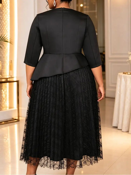 AOMEIDRESS Lace Dress Notched 3/4 Sleeve Rhinestone Waist Pleated
