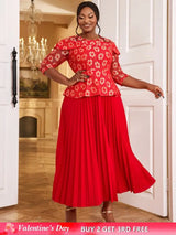 AOMEIDRESS Lace Floral Pleated Maxi Dress O Neck Patchwork High Waist Red / S