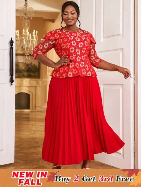 AOMEIDRESS Lace Floral Pleated Maxi Dress O Neck Patchwork High Waist Red / S