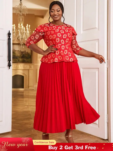 AOMEIDRESS Lace Floral Pleated Maxi Dress O Neck Patchwork High Waist Red / S