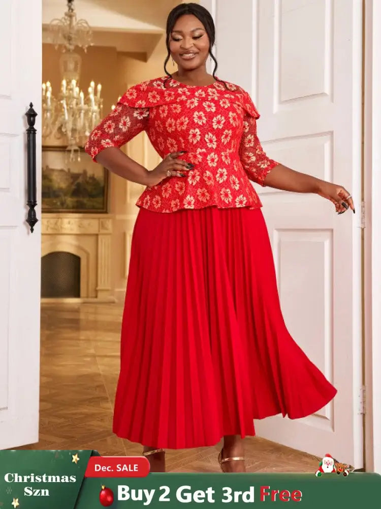 AOMEIDRESS Lace Floral Pleated Maxi Dress O Neck Patchwork High Waist Red / S