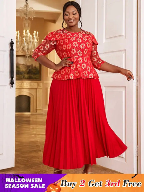 AOMEIDRESS Lace Floral Pleated Maxi Dress O Neck Patchwork High Waist Red / S