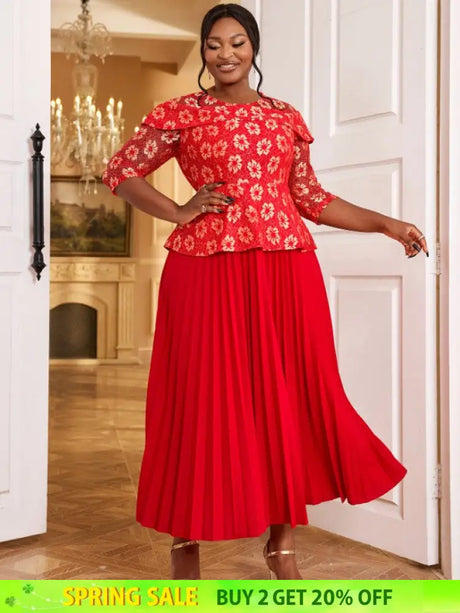 AOMEIDRESS Lace Floral Pleated Maxi Dress O Neck Patchwork High Waist Red / S