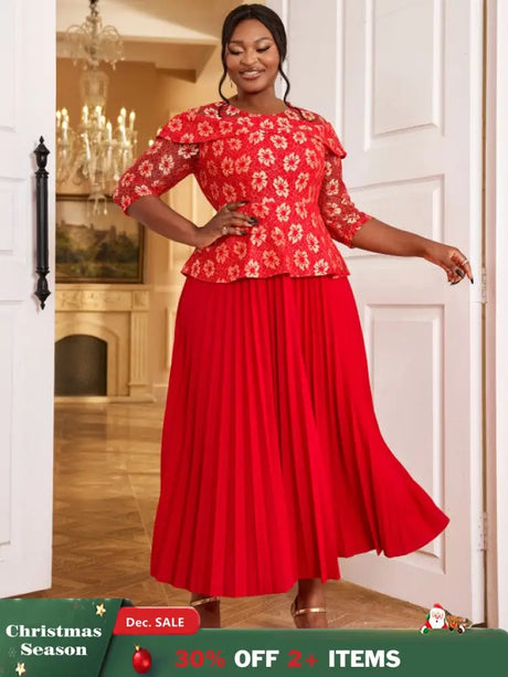 AOMEIDRESS Lace Floral Pleated Maxi Dress O Neck Patchwork High Waist Red / S