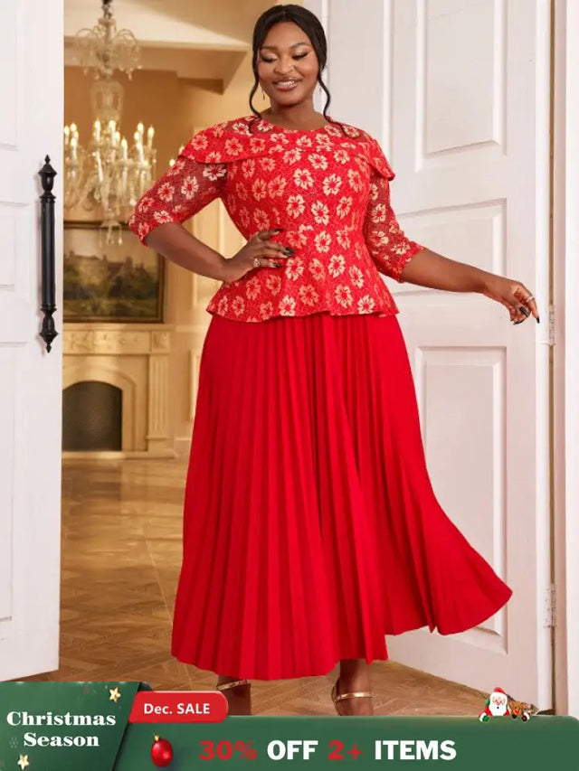 AOMEIDRESS Lace Floral Pleated Maxi Dress O Neck Patchwork High Waist Red / S