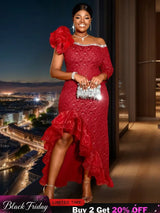 AOMEIDress Lace Formal Wedding Guest Dress One Shoulder Wine / S