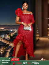 AOMEIDress Lace Formal Wedding Guest Dress One Shoulder Wine / S