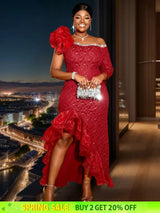 AOMEIDress Lace Formal Wedding Guest Dress One Shoulder Wine / S