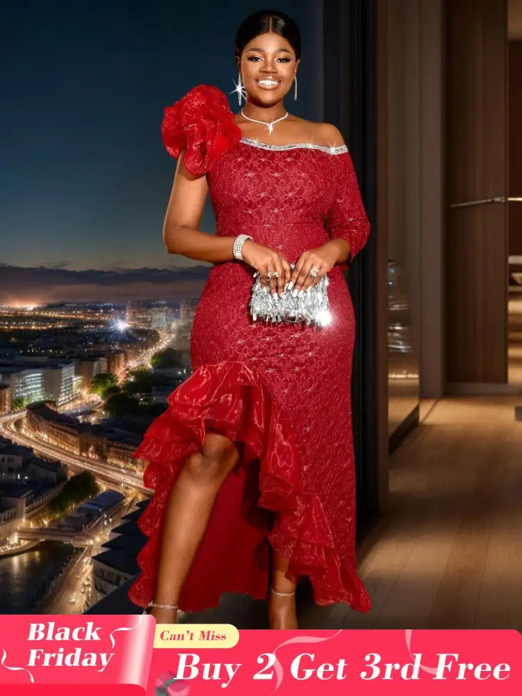 AOMEIDress Lace Formal Wedding Guest Dress One Shoulder Wine / S