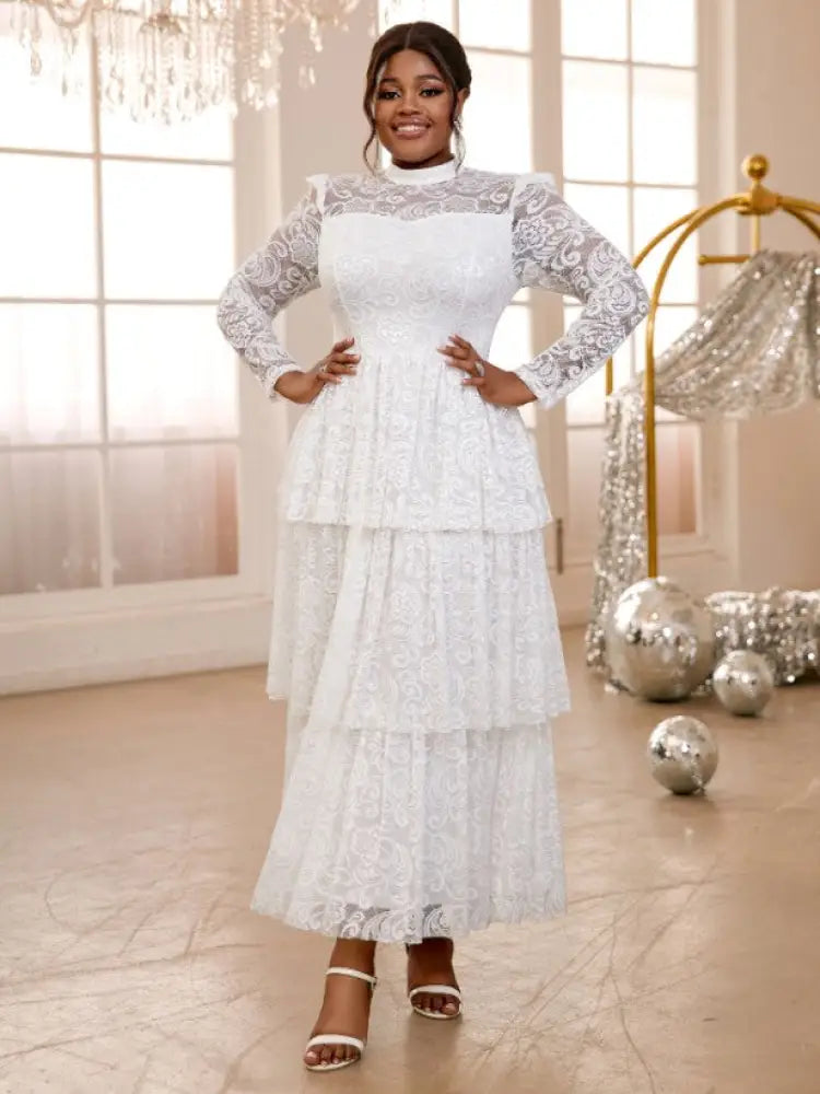 AOMEIDRESS Lace Long Dress Mock Neck See Through Sleeve Layerd A Line White / S