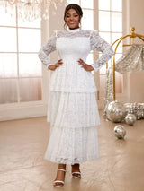 AOMEIDRESS Lace Long Dress Mock Neck See Through Sleeve Layerd A Line White / S