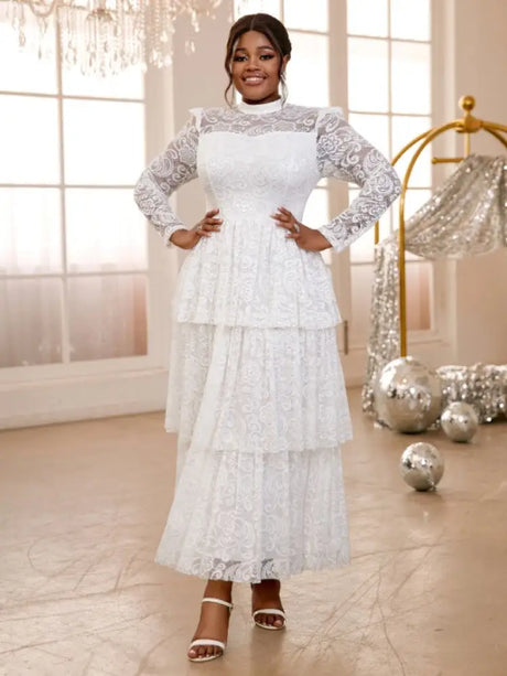 AOMEIDRESS Lace Long Dress Mock Neck See Through Sleeve Layerd A Line White / S