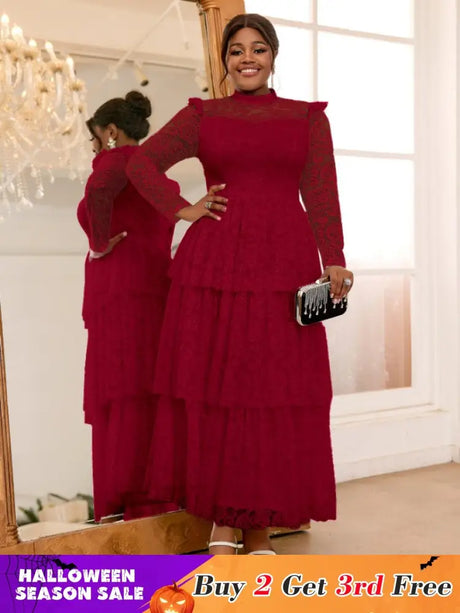 AOMEIDRESS Lace Long Dress Mock Neck See Through Sleeve Layerd A Line Wine / S