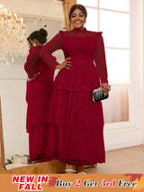 AOMEIDRESS Lace Long Dress Mock Neck See Through Sleeve Layerd A Line Wine / S