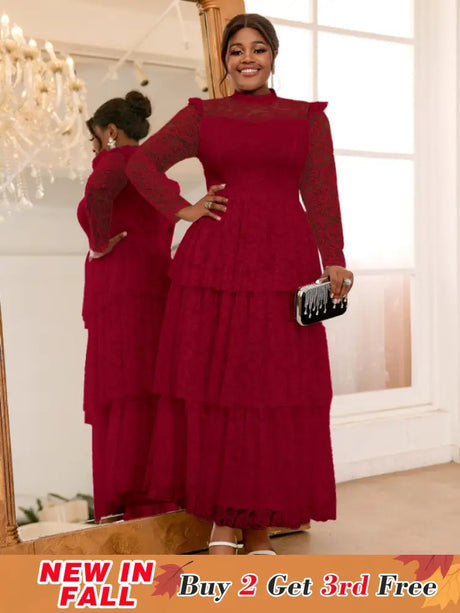 AOMEIDRESS Lace Long Dress Mock Neck See Through Sleeve Layerd A Line Wine / S