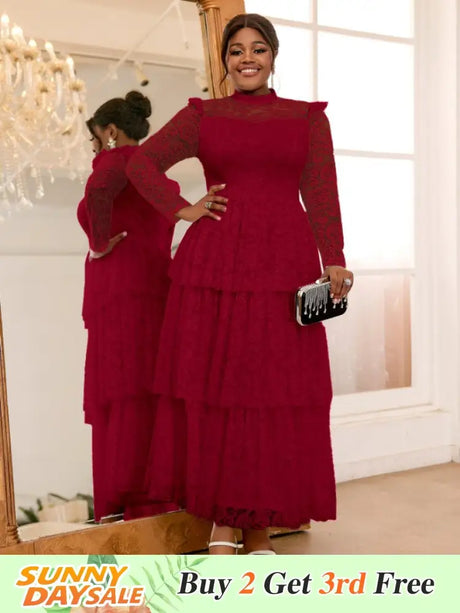 AOMEIDRESS Lace Long Dress Mock Neck See Through Sleeve Layerd A Line Wine / S