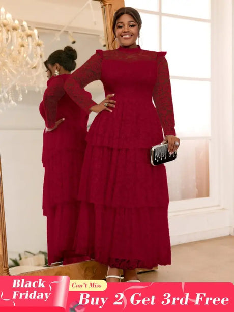 AOMEIDRESS Lace Long Dress Mock Neck See Through Sleeve Layerd A Line Wine / S