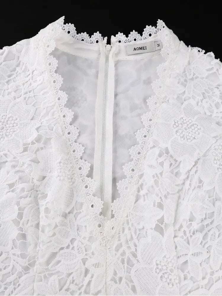 AOMEIDRESS Lace Midi A-line Dress V Neck Short Sleeve Wedding Party