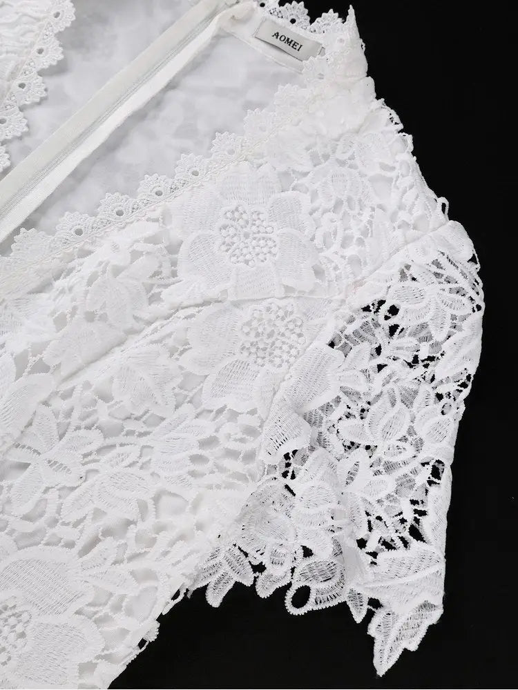 AOMEIDRESS Lace Midi A-line Dress V Neck Short Sleeve Wedding Party