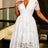 AOMEIDRESS Lace Midi A-line Dress V Neck Short Sleeve Wedding Party - White / S