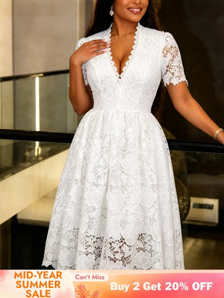 AOMEIDRESS Lace Midi A-line Dress V Neck Short Sleeve Wedding Party - White / S
