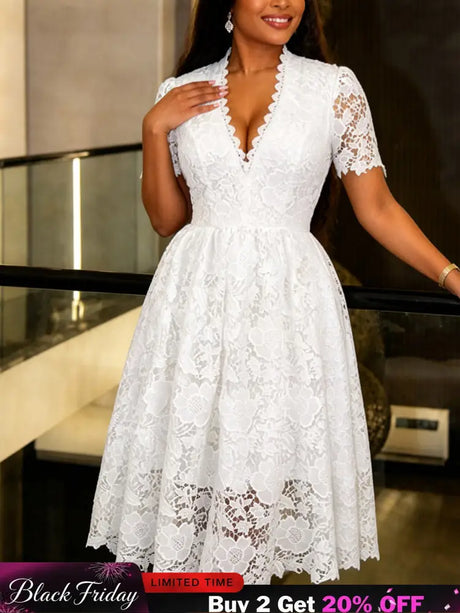 AOMEIDRESS Lace Midi A-line Dress V Neck Short Sleeve Wedding Party - White / S
