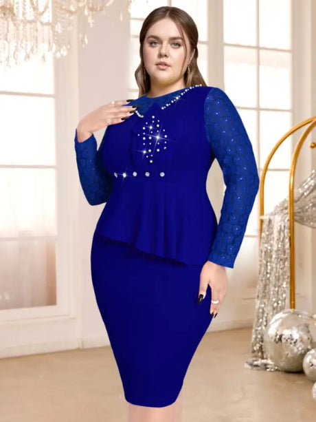 AOMEIDRESS Lace Patchwork Dress O Neck Long Sleeve Beading Bodycon Blue / S