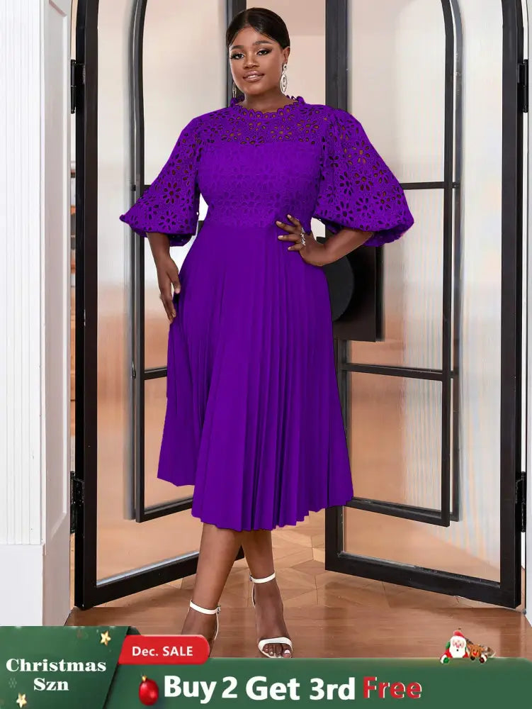 AOMEIDRESS Lace Patchwork Lantern Sleeves Hollow Out Pleated Dress Purple / S