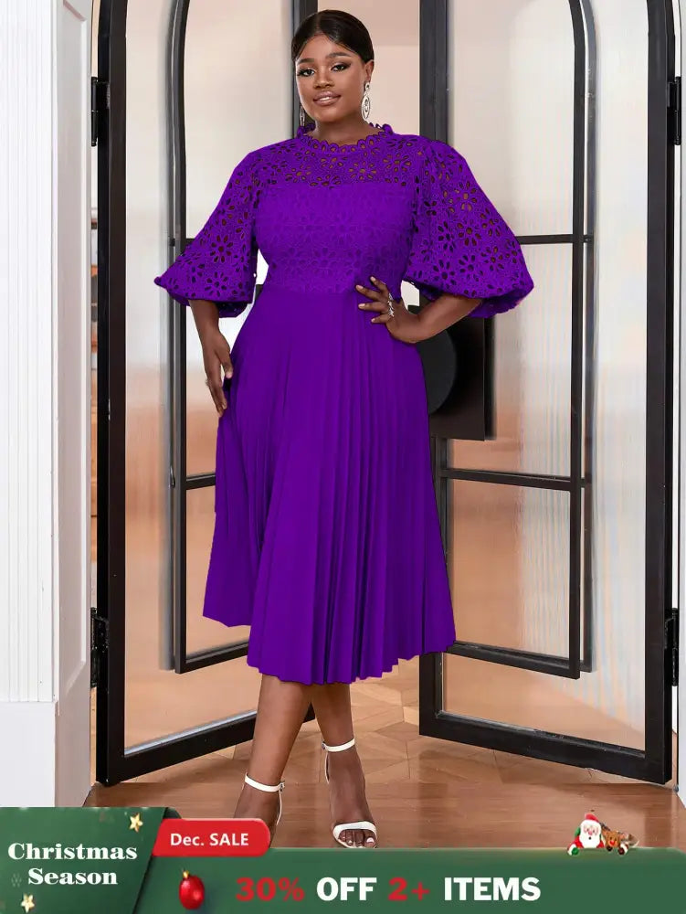 AOMEIDRESS Lace Patchwork Lantern Sleeves Hollow Out Pleated Dress Purple / S