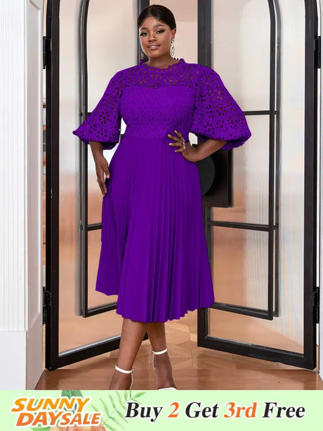 AOMEIDRESS Lace Patchwork Lantern Sleeves Hollow Out Pleated Dress Purple / S