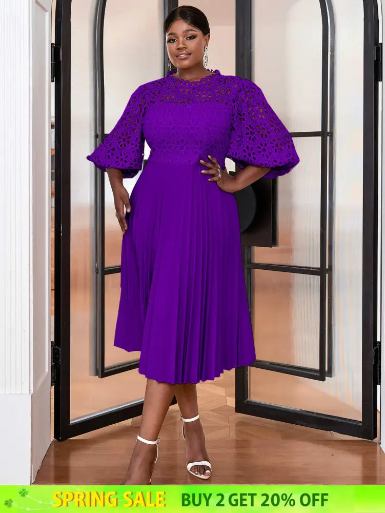 AOMEIDRESS Lace Patchwork Lantern Sleeves Hollow Out Pleated Dress Purple / S