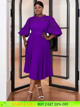 AOMEIDRESS Lace Patchwork Lantern Sleeves Hollow Out Pleated Dress Purple / S